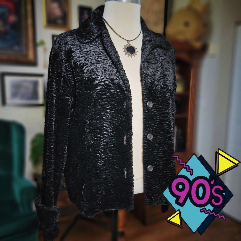 Carol Anderson Black Jacket Vintage 90s Faux Persian Lamb Astrakhan Blazer Small